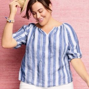 Talbots Striped Blouse Top Puff Sleeve 100% Linen Blue White Size 3X